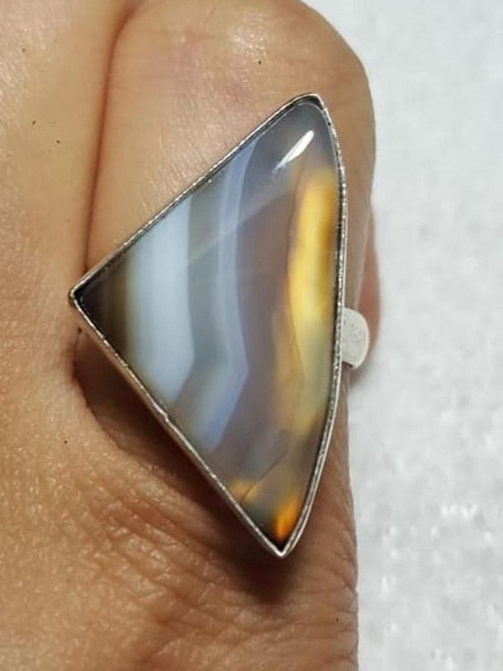 Triangle Banded Agate 925 Silver Ring in Brown and Gray Ring